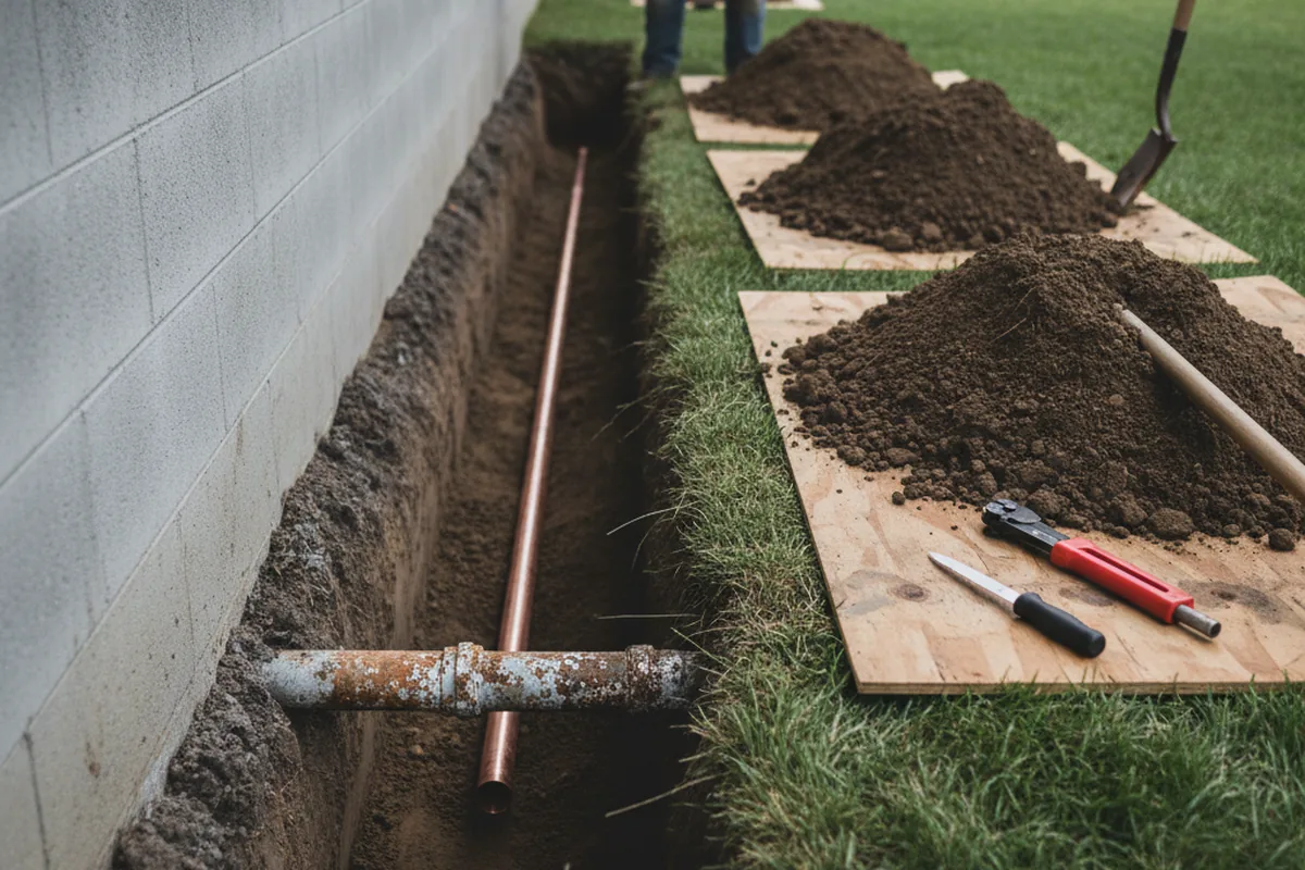 Excavated water line trench during Water Heater Repair in Roy
